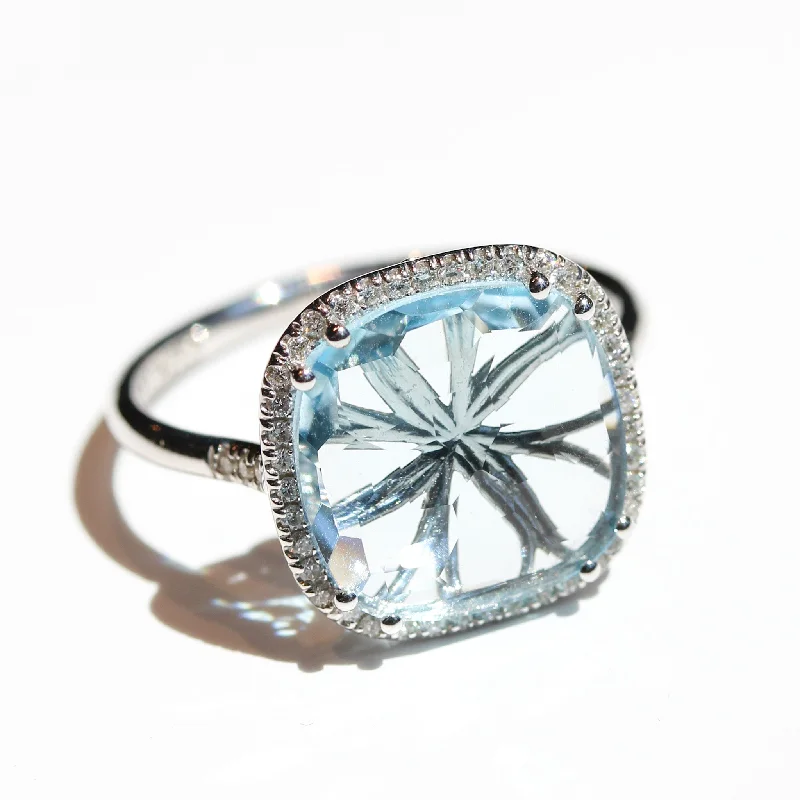 Dainty Gold Ring-Sky Blue Topaz Cushion Halo Ring