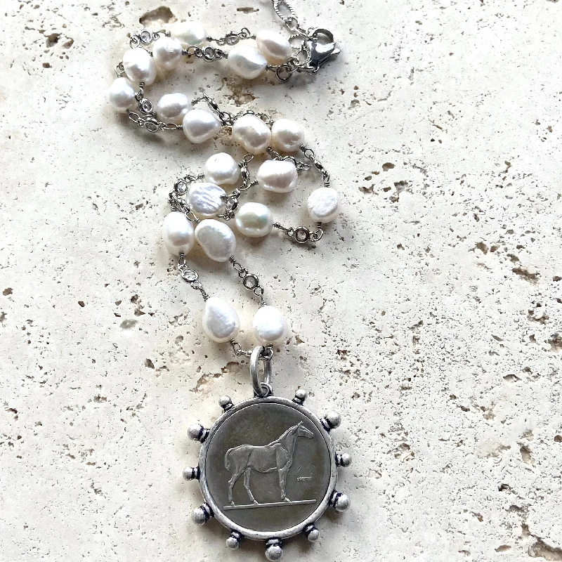 Boho Pendant Necklace-Genuine Freshwater Pearl French Horse Coin Necklace