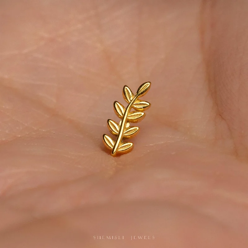 Funky Earrings for Teens-Tiny Acacia Tree Leaves Threadless Flat Back Earrings, 20,18,16ga, 5-10mm Unisex, Surgical Steel SHEMISLI SS1330