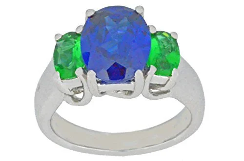 Simple Diamond Wedding Ring-4 Ct Created Blue Sapphire & Emerald Oval Ring .925 Sterling Silver Rhodium Finish