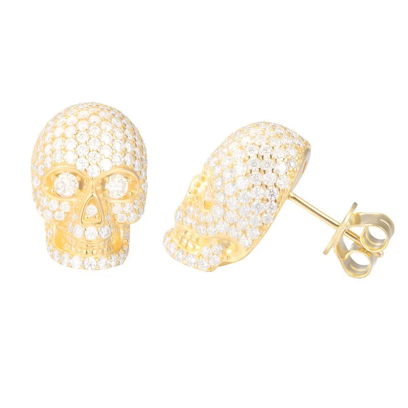 Large Stud Earrings-Skull Moissanite Earrings in 925 Sterling Silver - Yellow Gold and White Gold Finish