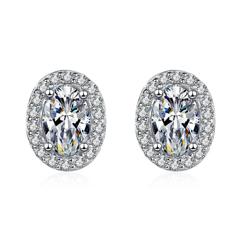 Sparkling Hoop Earrings-Oval Moissanite Halo Stud Earrings in S925 Sterling Silver