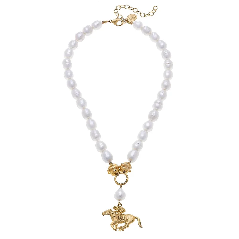 Double Chain Necklace-Racehorse Pendant Pearl Necklace