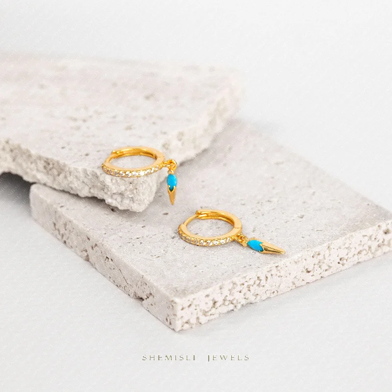 Classic Gold Stud Earrings-Spike Turquoise CZ Hoop Earrings, Gold, Silver SHEMISLI SH373