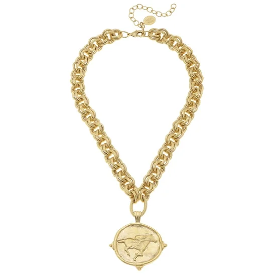 Trendy Layered Necklace for Teens-Gold Race Horse Medallion Necklace - Susan Shaw