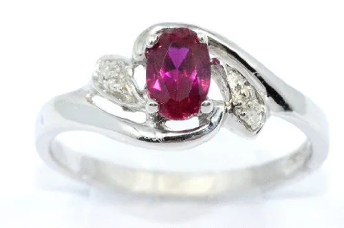 Silver Ring with Sapphire-0.50 Ct Created Ruby & Diamond Oval Ring .925 Sterling Silver Rhodium Finish