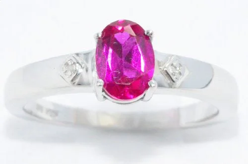 Simple Diamond Engagement Ring-1 Ct Created Ruby & Diamond Oval Ring .925 Sterling Silver Rhodium Finish