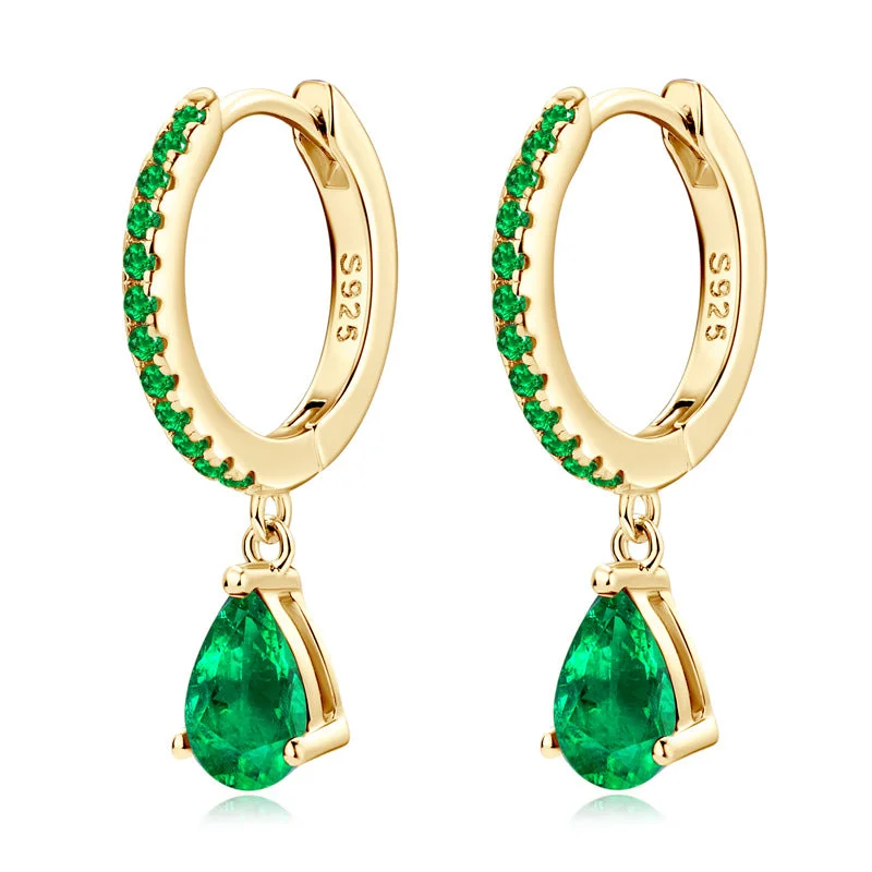 Handmade Dangle Earrings-Emerald Tear Drop Hoop Earrings | S925