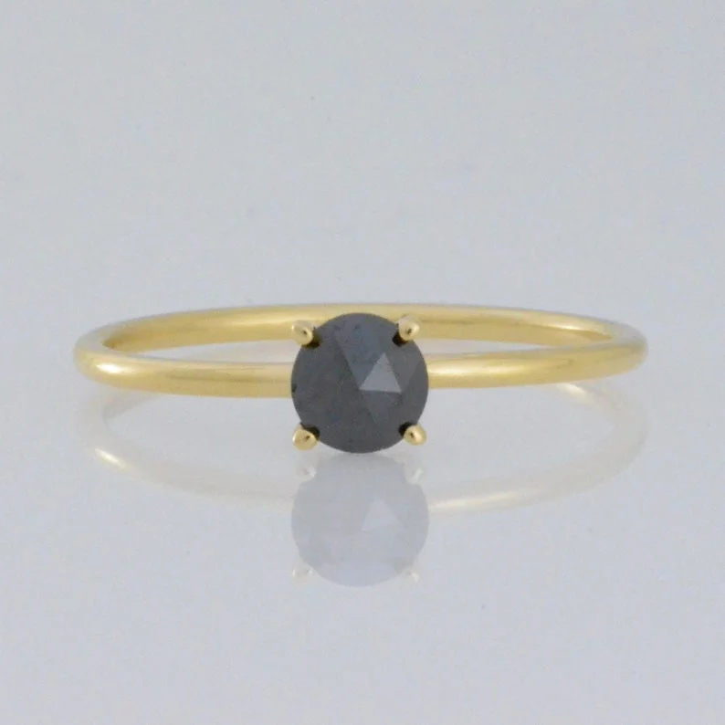 Elegant Silver Ring for Women-14Kt Gold 0.40 Ct Natural Rose Cut Black Diamond Ring