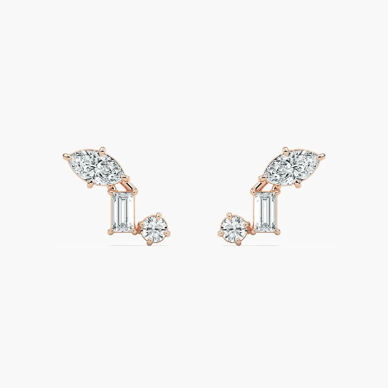 Large Drop Earrings-Three-Stone Stud Earrings - Marquise, Baguette and Round