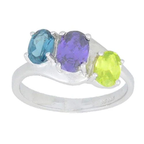 Unique Wedding Ring Set for Bride-London Blue Topaz Amethyst & Peridot Oval Ring .925 Sterling Silver