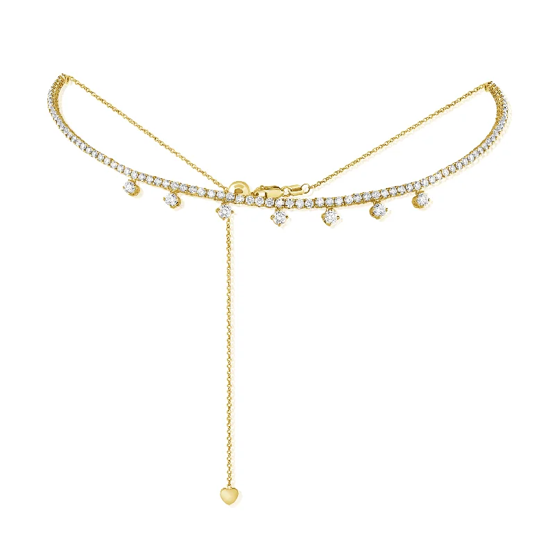 Elegant Necklace with Topaz-Adjustable Bolo Diamond Tennis Choker with Dangling Diamonds