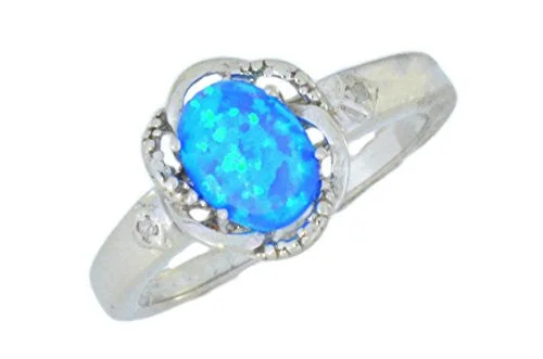 Stunning Gold Ring for Women-8x6mm Blue Opal & Diamond Oval Ring .925 Sterling Silver Rhodium Finish