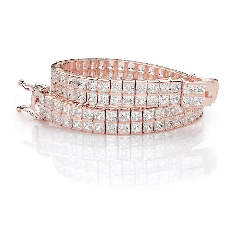 Boho Style Leather Bracelet-Princess Cut tennis bracelet with 22.68 carats* of diamond simulants in 10 carat rose gold