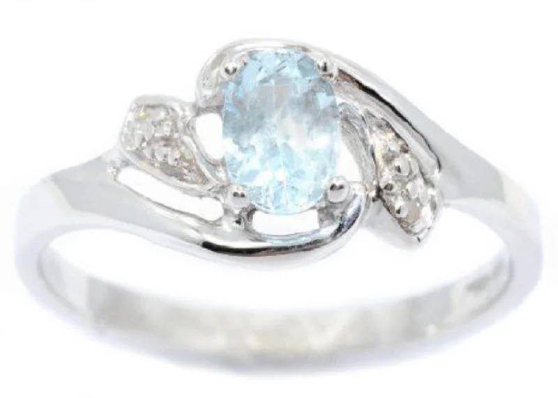 Unique Promise Ring-14Kt White Gold Genuine Aquamarine & Diamond Oval Ring