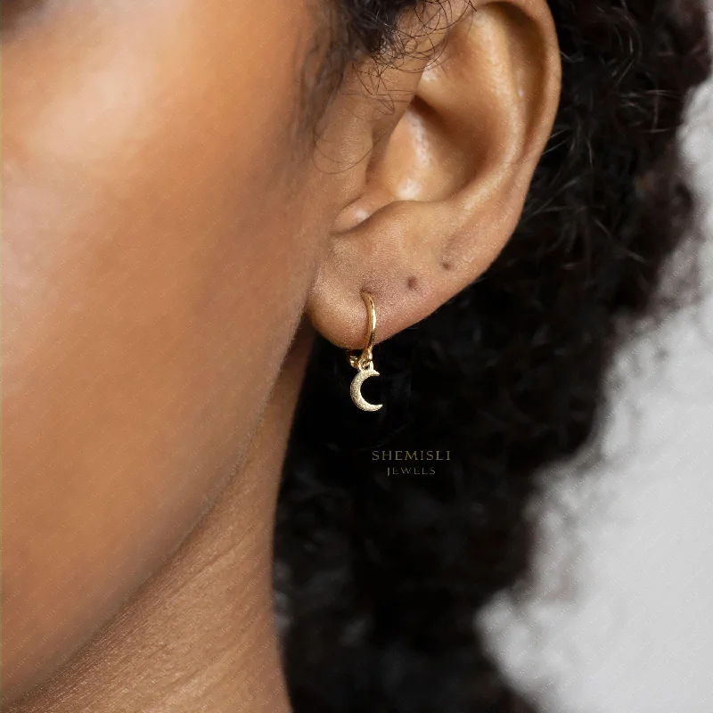 Wedding Earrings with Pearls-Tiny Moon Drop Hoop Earrings, Huggies, Unisex, Gold, Silver SHEMISLI SH643