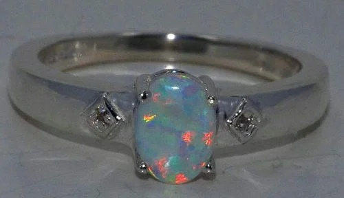 Unique Gold Engagement Ring-7x5mm Opal & Diamond Oval Ring .925 Sterling Silver Rhodium Finish