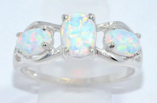 Diamond Anniversary Ring-3 Opal Oval Ring .925 Sterling Silver Rhodium Finish