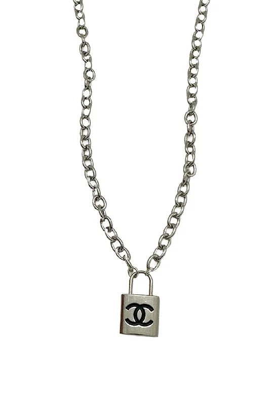 Personalized Gold Necklace-CC Black & Silver Lock Necklace