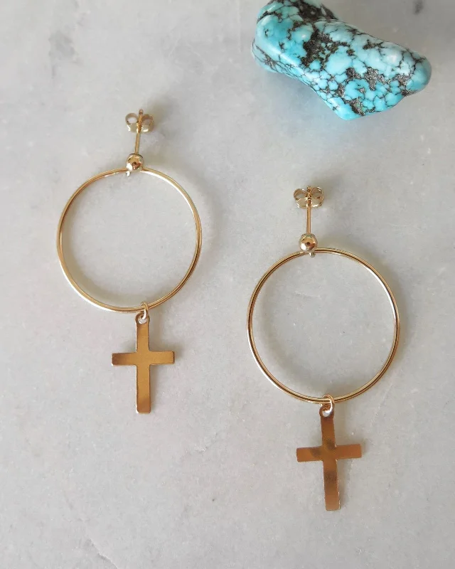 Cute Stud Earrings for Teenagers-Large Circle Cross Earrings