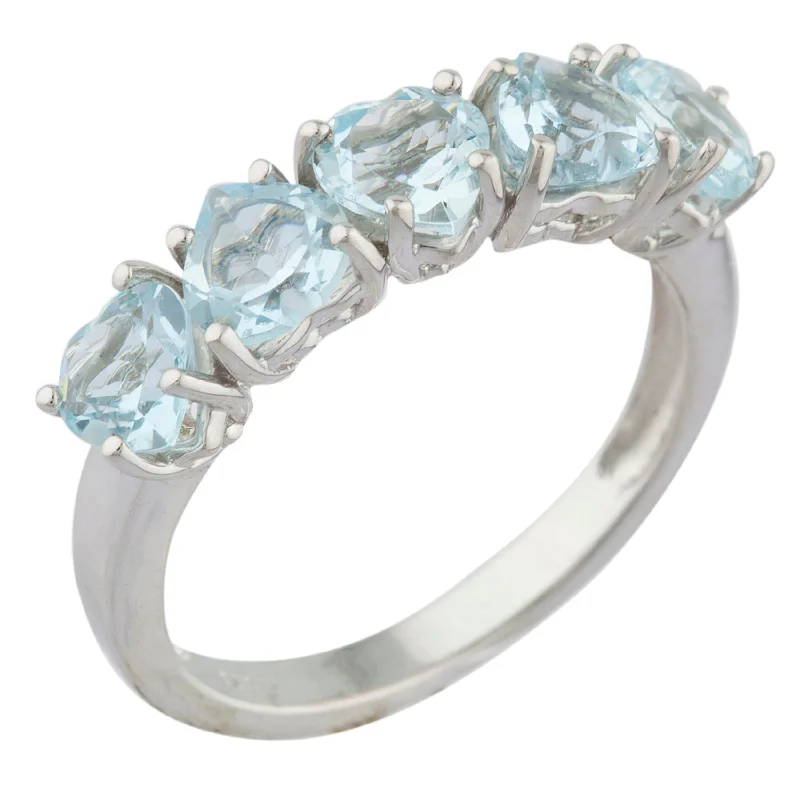 Gold Ring with Emerald-5 Hearts Genuine Aquamarine Heart Ring .925 Sterling Silver Rhodium Finish