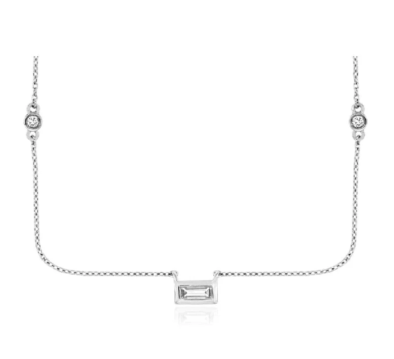 Elegant Wedding Necklace-14k white gold center diamond baguette and round stations 16" necklace