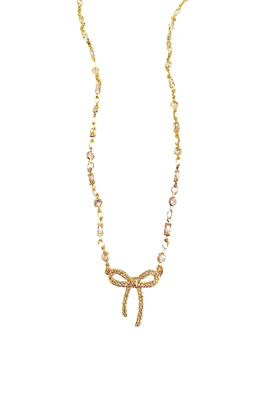 Trendy Pearl Necklace-CZ Bow Necklace