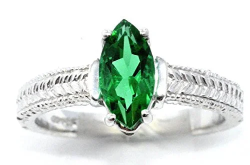 Engagement Ring with Sapphire-1 Ct Created Emerald Marquise Ring .925 Sterling Silver Rhodium Finish