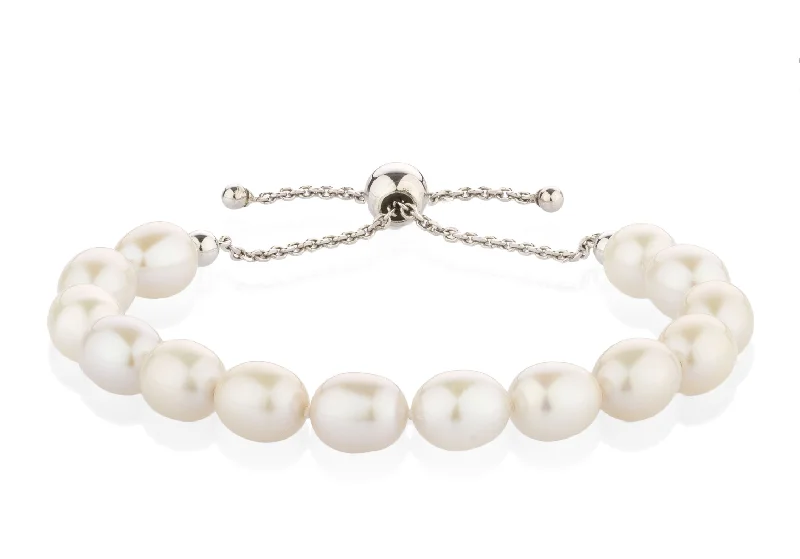 Luxury Adjustable Bracelet for Women-Cultured freshwater pearl slider bracelet in sterling silver