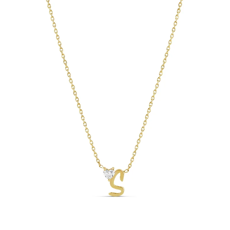 Trendy Layered Necklace for Teens-Solid Initial with Diamond Floating Heart Necklace