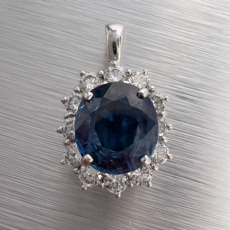 Gold Necklace with Diamonds-14k White Gold Blue 2.68ct Oval Sapphire Diamond Halo Pendant 0.85ctw G VS2