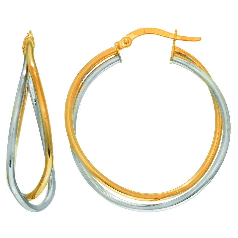 Butterfly Design Earrings-14K Yellow And White Gold Criss Cross Double Row Hoop Earrings, Diameter 30mm