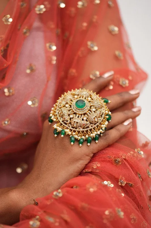 Unique Wedding Ring Set-Jamavar Oversized Elephant & Emerald Indian Ring