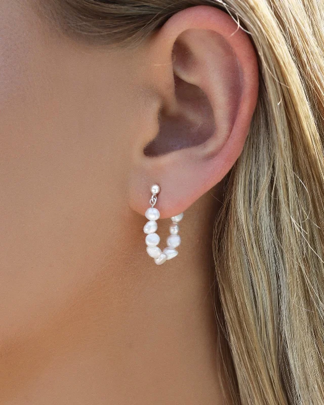 Unique Earrings for Bridesmaids-Freshwater Pearl Beaded Hoop Earrings - Sterling Silver