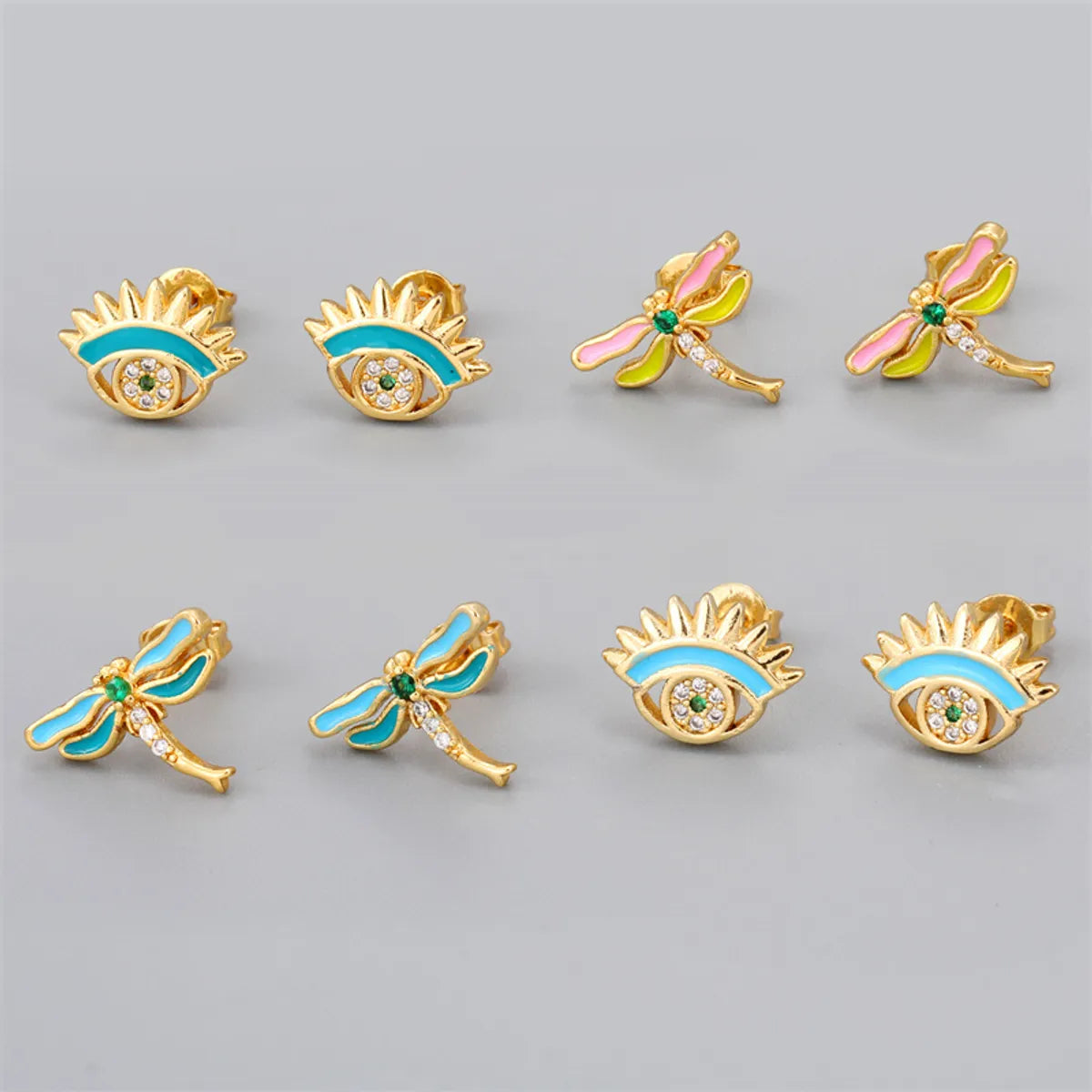 Retro Earrings for Women-Fashion Devil's Eye Dragonfly Copper Enamel Zircon Gold Plated Ear Studs 1 Pair