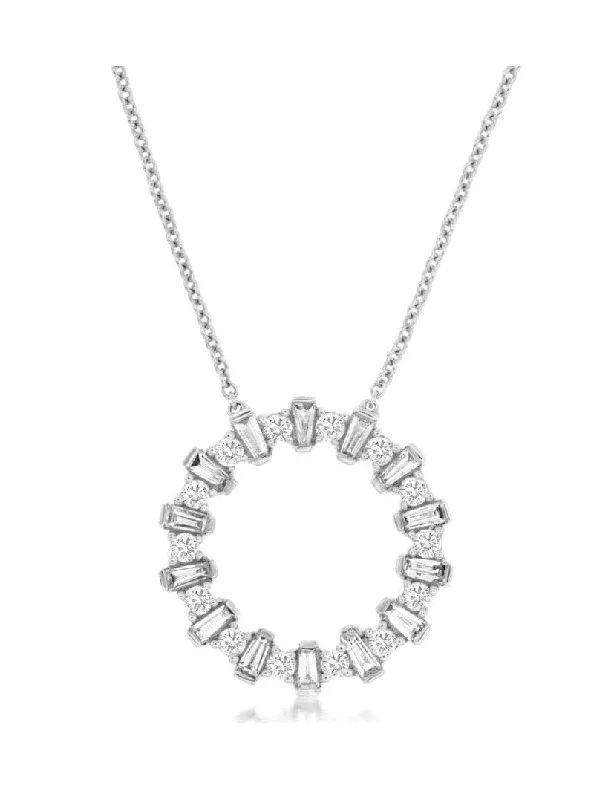 Trendy Choker Necklace-14k white gold circle baguette/round diamond 18" necklace