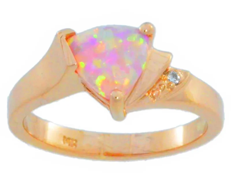 Elegant Gold Engagement Ring-14Kt Gold Pink Opal & Diamond Trillion Ring