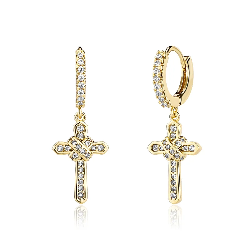 Handmade Silver Earrings-Cross Hoop Earrings | CZ