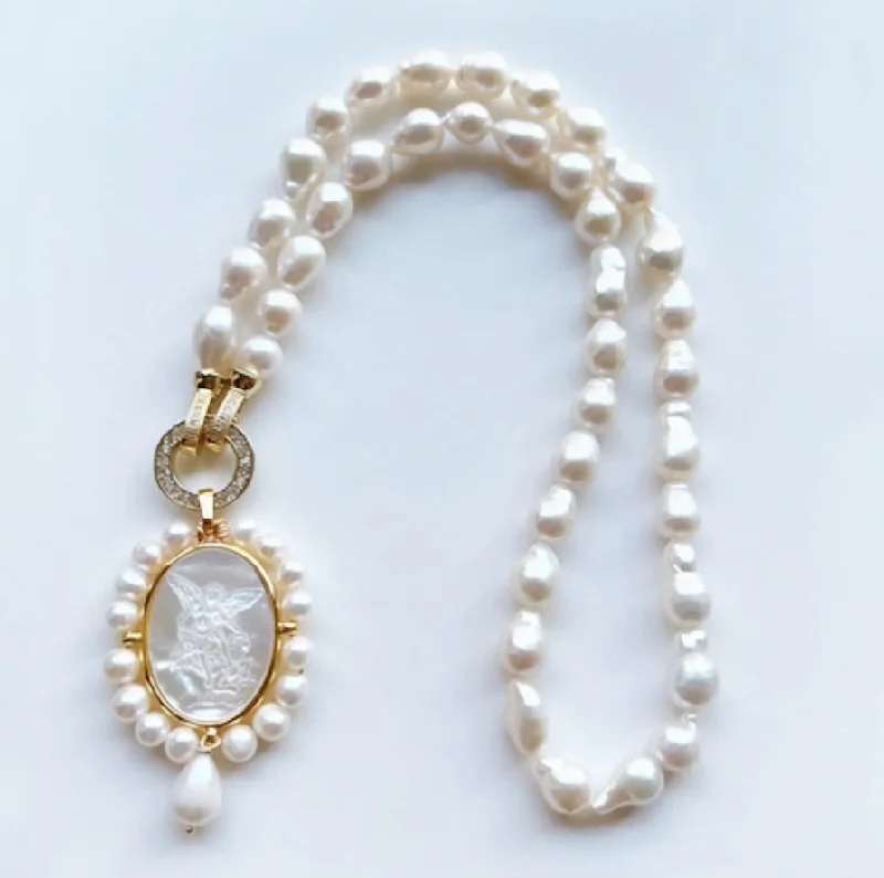 Luxury Pearl Necklace-St. Michael or Mary Necklace