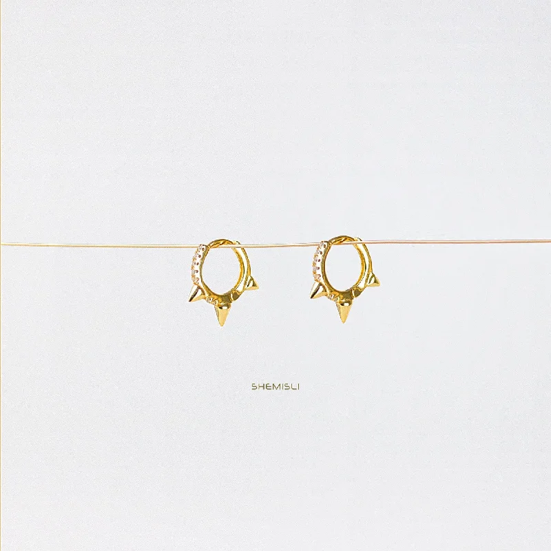 Silver Earrings with Diamonds-Spike CZ Hoop Earrings, Huggies, Gold, Silver SHEMISLI SH095