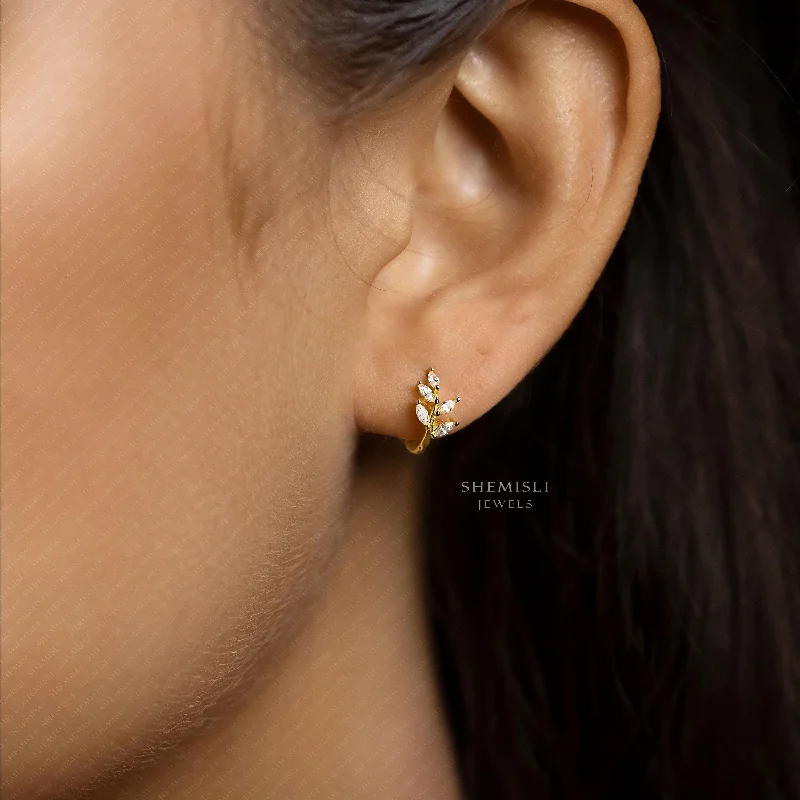 Luxury Bridal Earrings-Leaf CZ Hoop Earrings, Olive Leaf Huggies, Gold, Silver SHEMISLI - SH008 LR