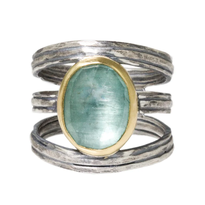 Customizable Engagement Ring-Split Ribbed Aqua Kyanite Ring