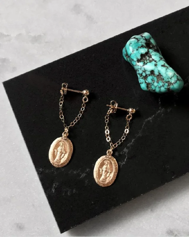 Handmade Gold Earrings-Miraculous Medal Short Chain Stud Earrings  - 14k Yellow Gold Fill