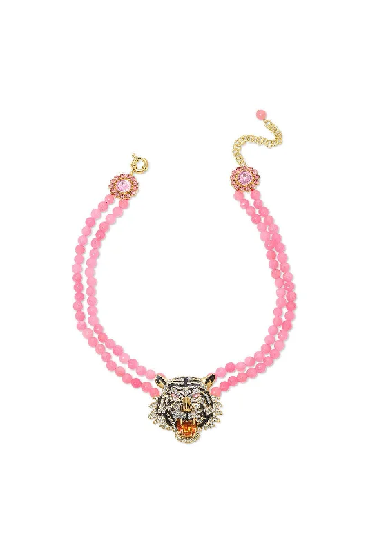 Luxury Wedding Necklace-Eye Candy Los Angeles - Tiger Rose Quartz Beaded Statement Drop Necklace