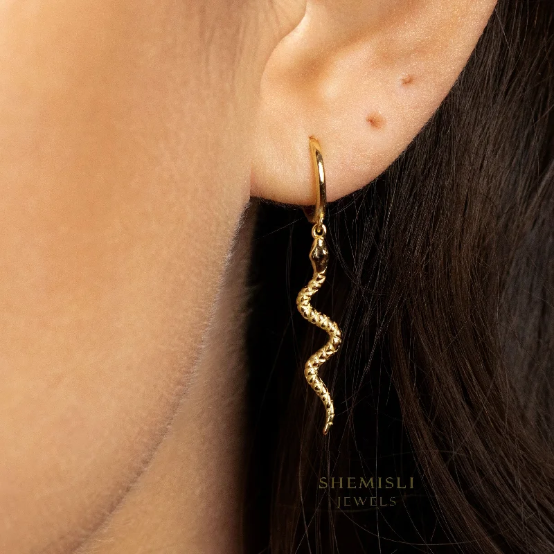 Elegant Earrings for Special Occasions-Long Serpent Dangle Hoop Earrings, Snake Huggies, Gold, Silver SHEMISLI - SH108 LR