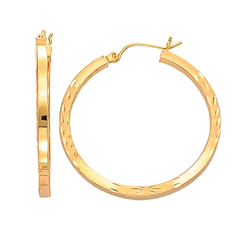 Unique Diamond Earrings-14K Yellow Gold Diamond Cut Square Tube Hoop Earrings, Diameter 35mm