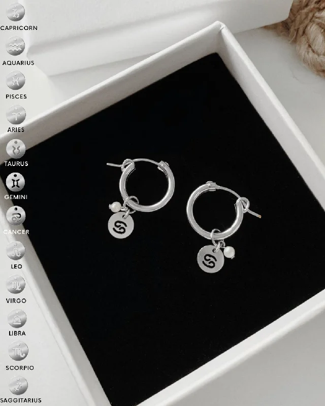 Unique Earrings for Bridesmaids-Freshwater Pearl Zodiac Thick Hoop Earrings  - Sterling Silver