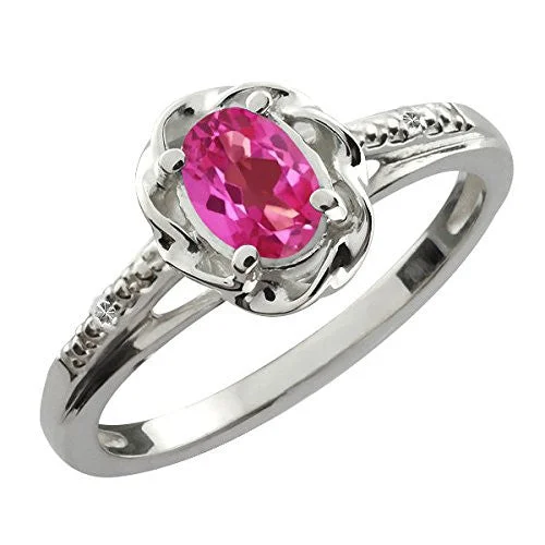 Custom Diamond Band-0.50 Ct Pink Sapphire & Diamond Oval Ring .925 Sterling Silver Rhodium Finish