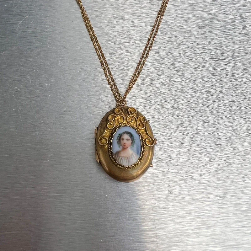 Chic Necklace for Women-Antique Victorian 14k Yellow Gold Painted Porcelain Cameo Locket Necklace 28"