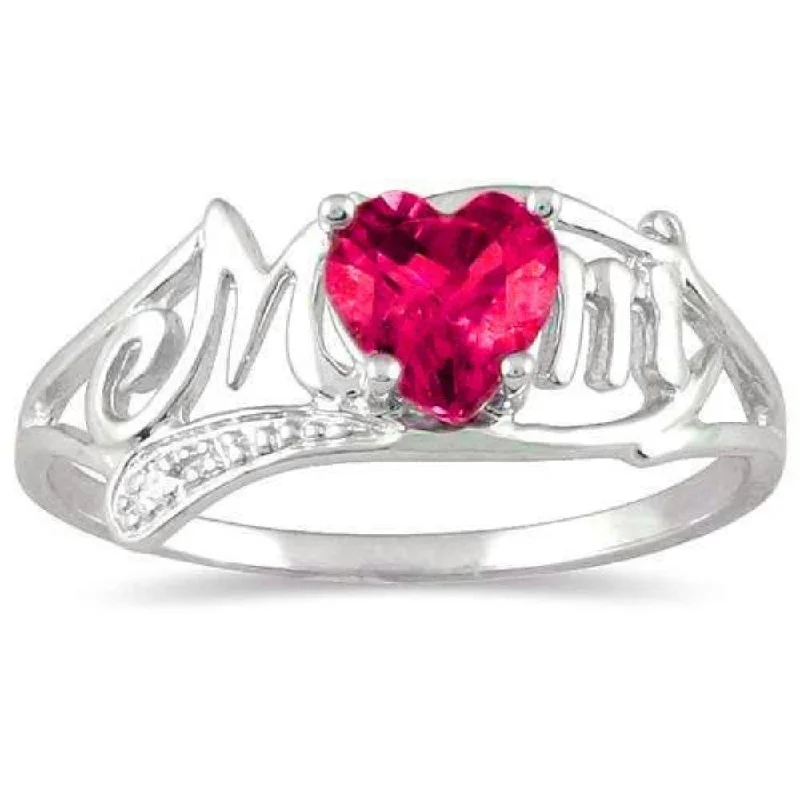 Luxury Wedding Band-Ruby & Diamond Heart Mom Ring .925 Sterling Silver